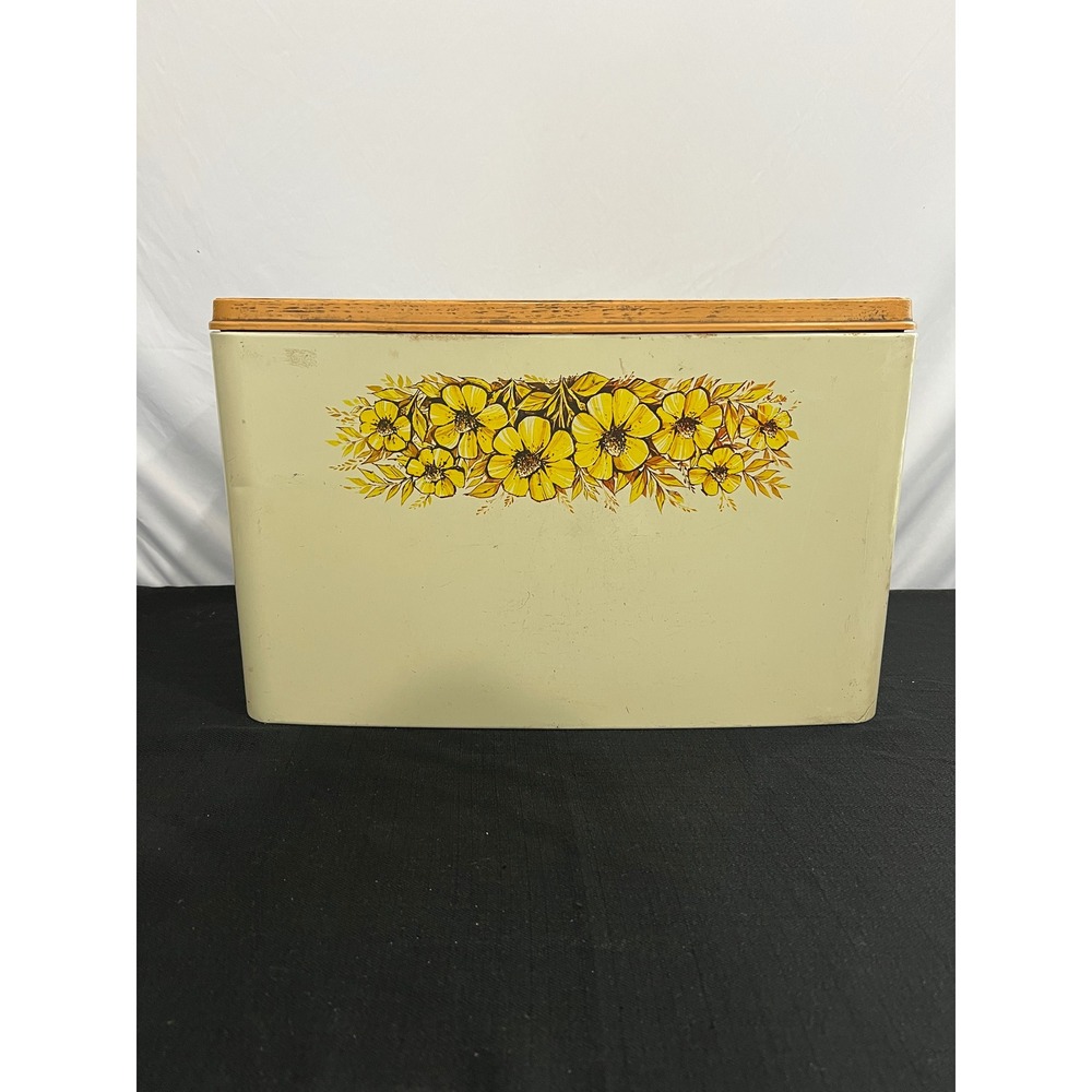 Vintage Burlington Basket Co Metal Bread Box Yellow Floral Fruit Lid Made in USA